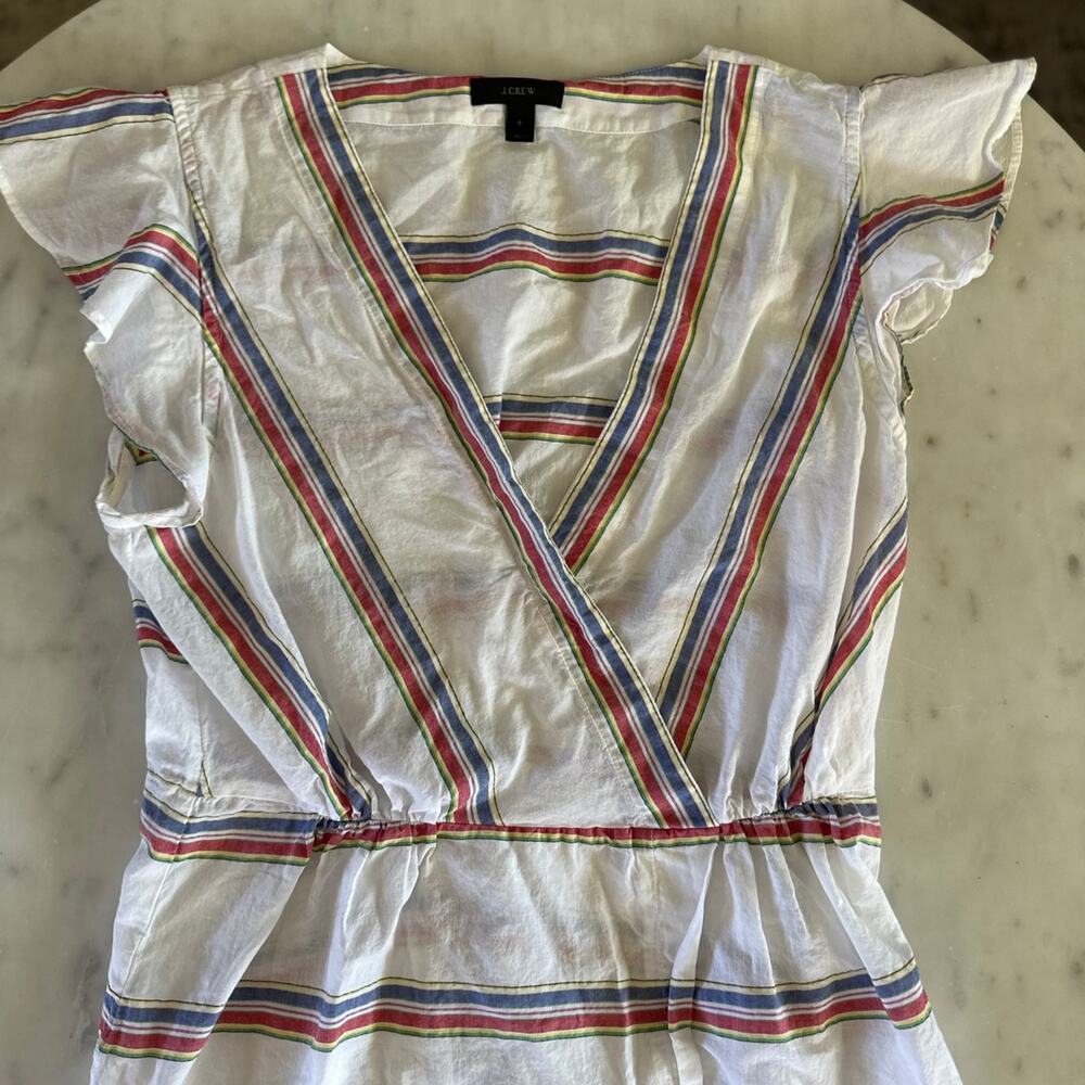 J.Crew Striped Red, Blue, White, & Yellow Ruffle Sleeve Top SZ 8